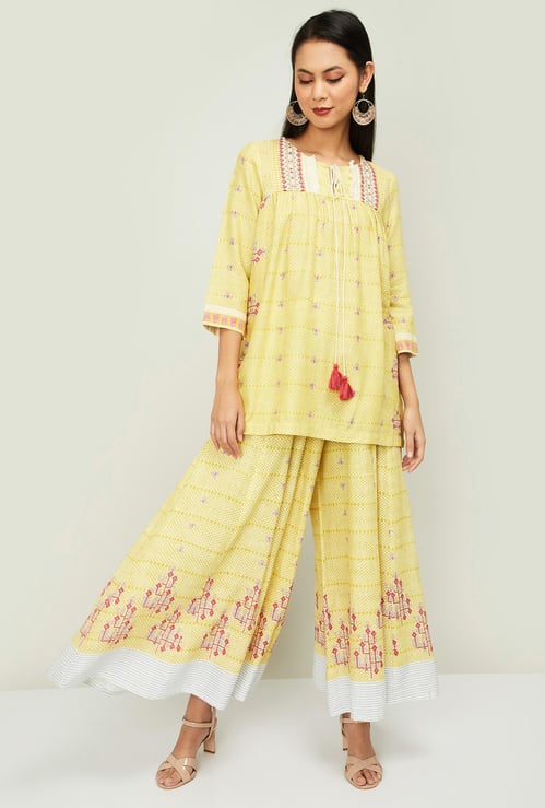 W Women Printed Tunic with Elasticated Flared Palazzos