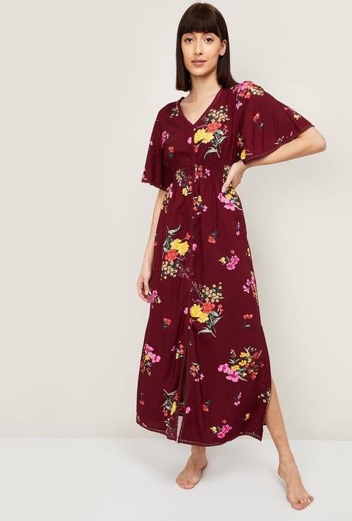 GINGER Women Floral Print A-line Kaftan Nightdress