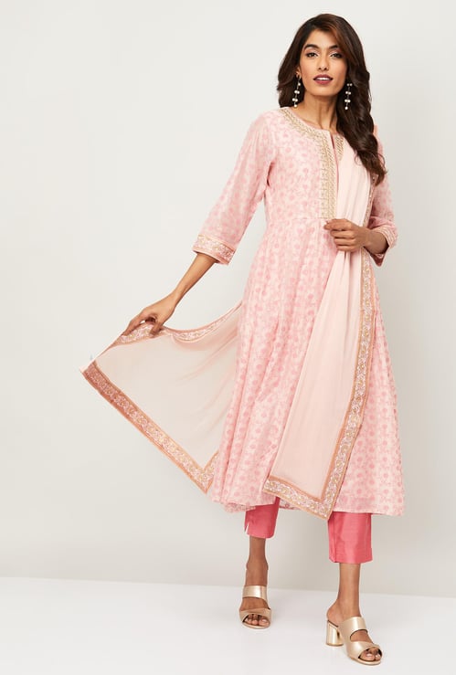 MELANGE Women Embroidered Kurta with Solid Straight Pants and Dupatta