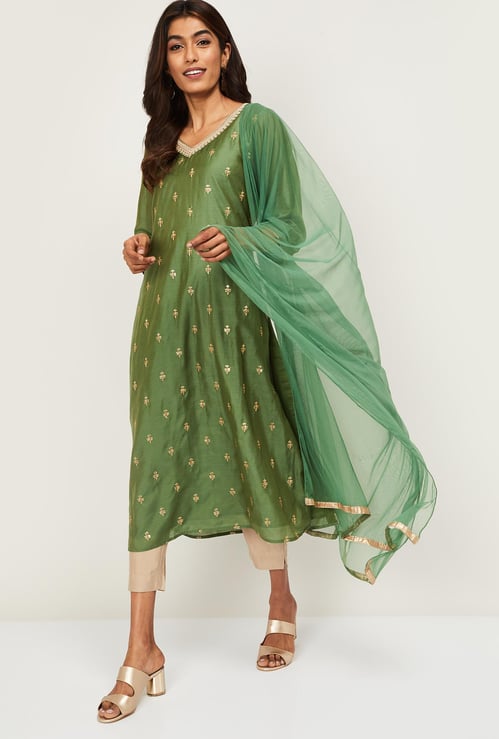 MELANGE Women Embellished A-line Kurta with Pants and Dupatta