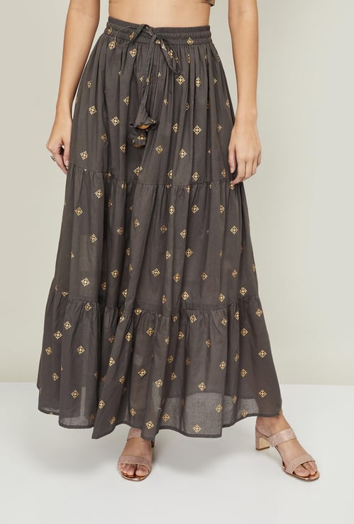 MELANGE Women Foil Print Tiered Maxi Skirt
