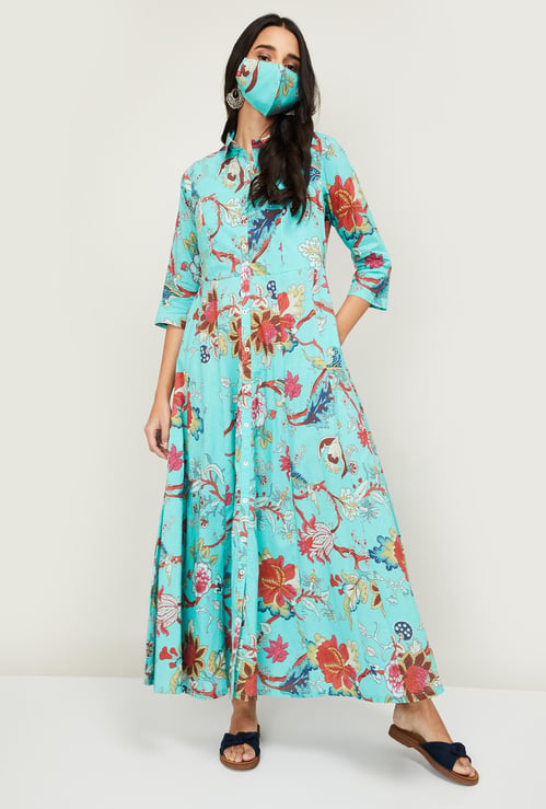 BIBA Women Floral Printed Ethnic A-Line Maxi Dress with Mask