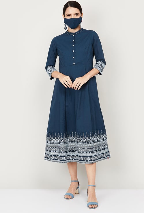 BIBA Women Printed A-Line Ethnic Dress with Mask