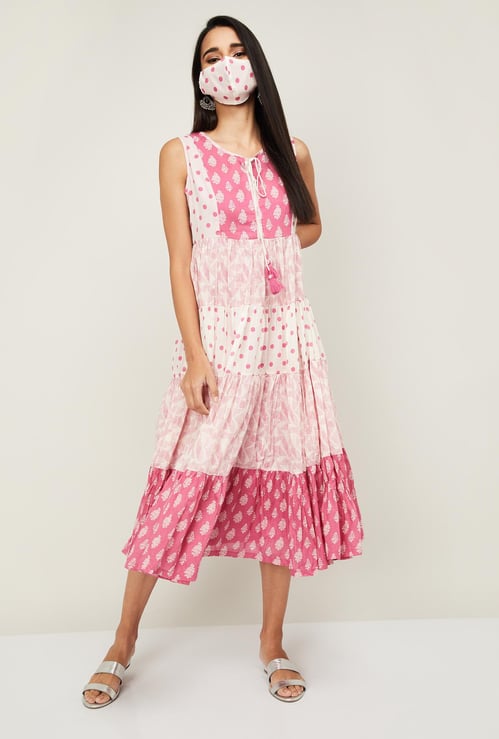 BIBA Women printed A-Line Ethnic Dress with Mask
