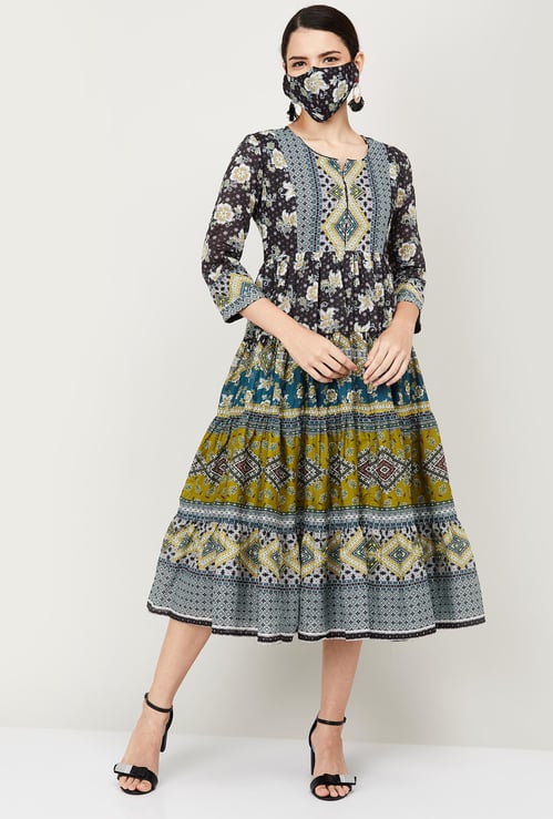 BIBA Women Floral Print A-Line Ethnic Midi Dress with Mask