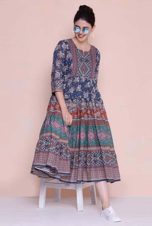 BIBA Women Printed Ethnic Maxi Dress with Face Mask