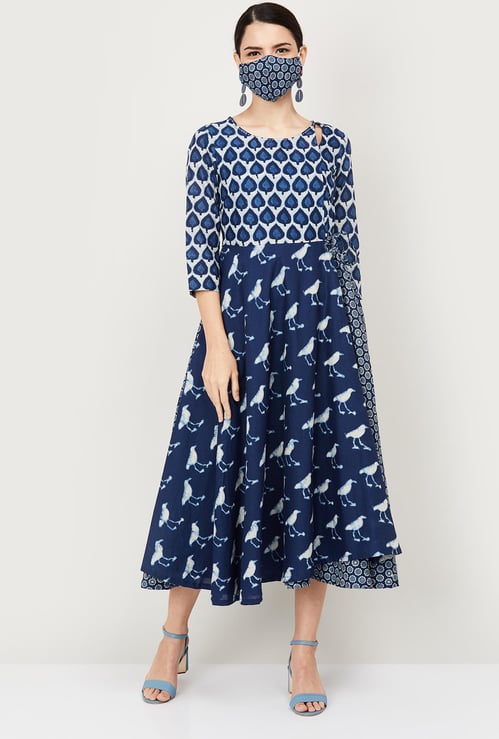 BIBA Women Printed A-Line Ethnic Dress with Mask