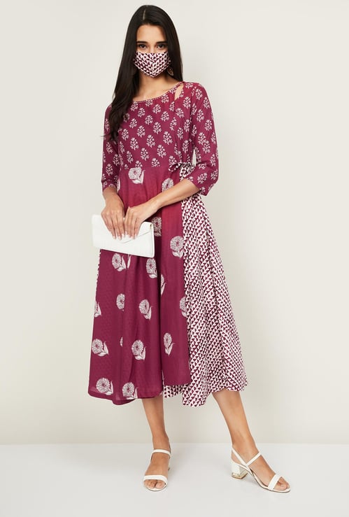 BIBA Women Printed Three-Quarter Sleeves A-line Dress with Face Mask