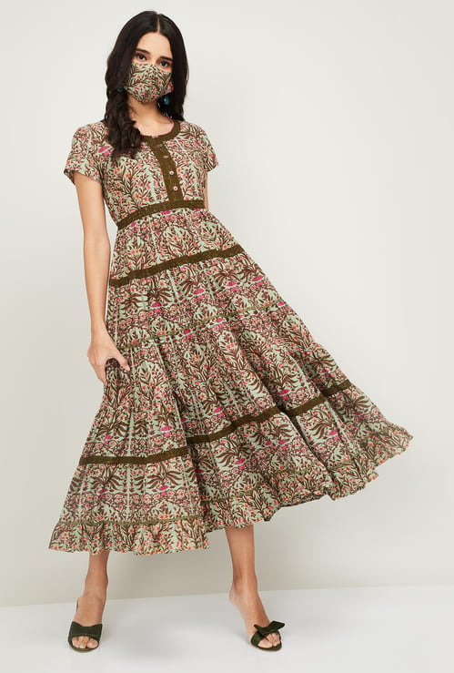 BIBA Women Printed Short Sleeves Maxi Dress with a Mask
