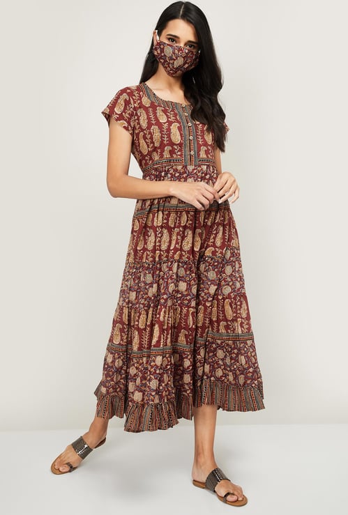 BIBA Women Printed Short Sleeves Maxi Dress with Mask