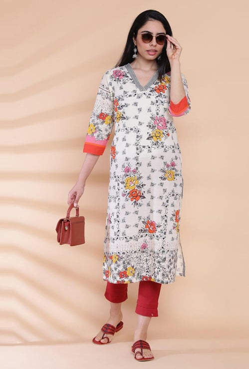 BIBA Women Printed Straight Kurta with Mask