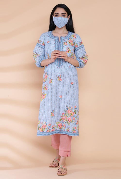 BIBA Women Printed Straight Kurta with a Mask