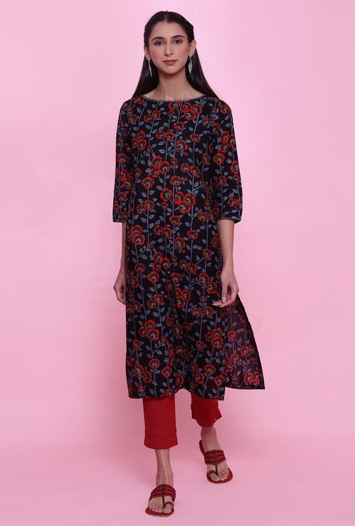 BIBA Women Floral Print Straight Kurta with Mask
