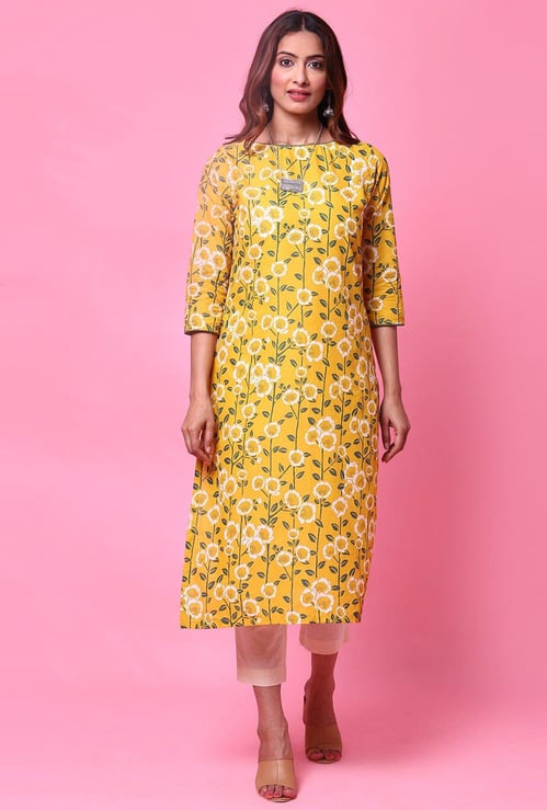 BIBA Women Floral Print Straight Kurta with Mask