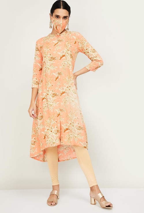 BIBA Women Printed High-Low A-Line Kurta with Mask