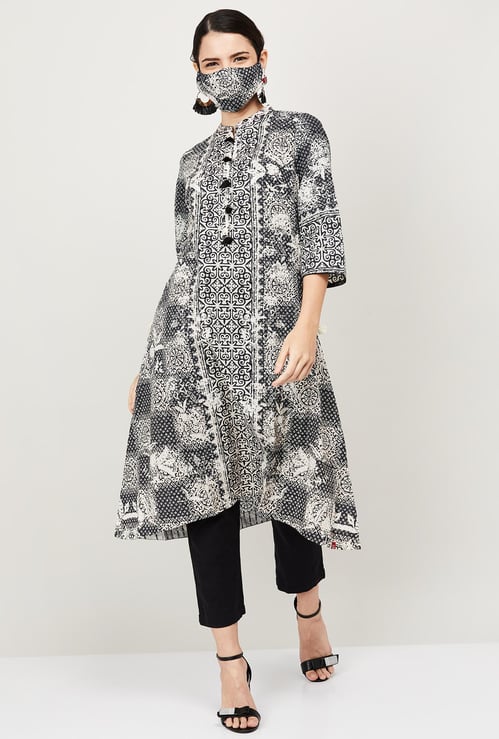 BIBA Women Printed A-Line Kurta with Mask
