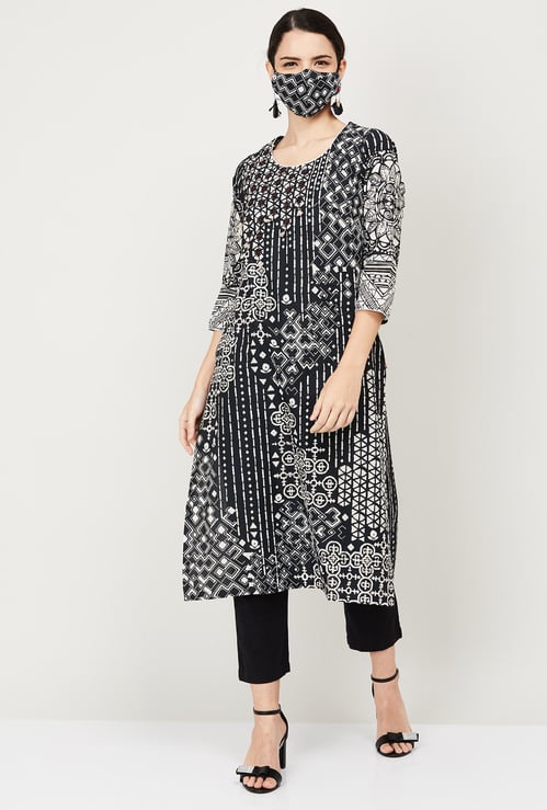 BIBA Women Printed Straight Kurta with Mask