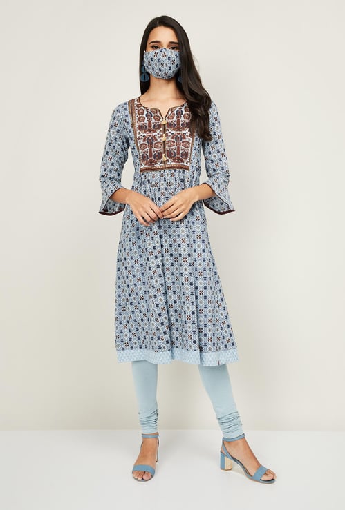 BIBA Women Printed Straight Kurta with Face Mask