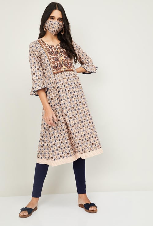 BIBA Women Printed Straight Kurta with Face Mask