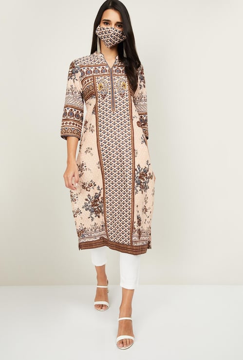 BIBA Women Printed Straight Kurta with Face Mask