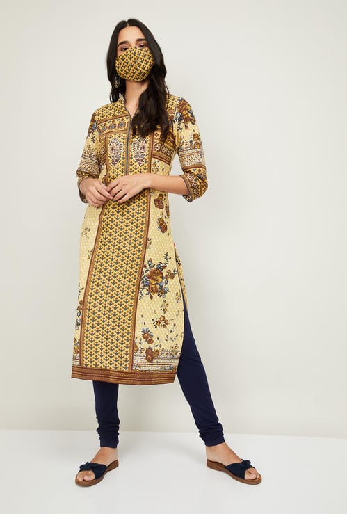 BIBA Women Printed Straight Kurta with Face Mask