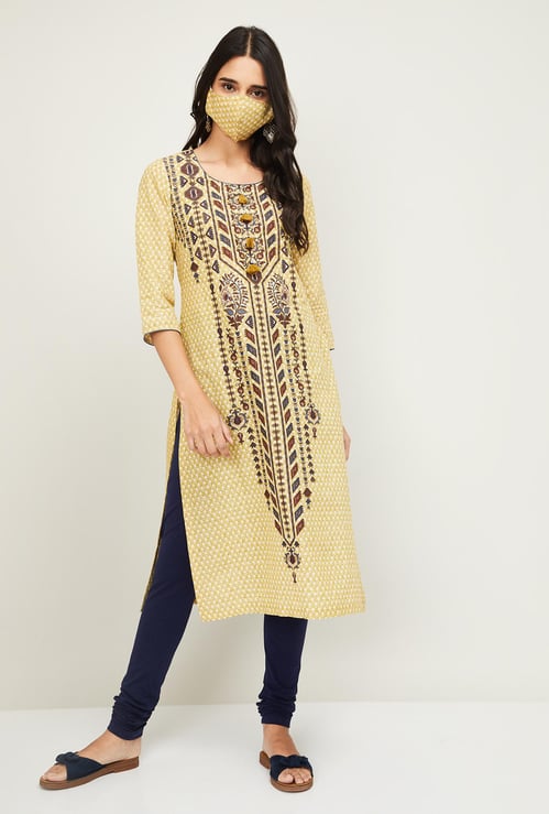 BIBA Women Printed Straight Kurta with Face Mask