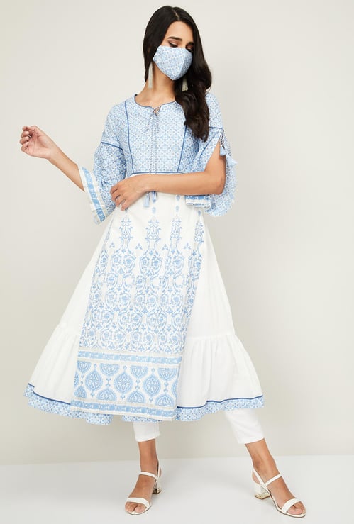 BIBA Women Printed Layered Kurta with Face Mask