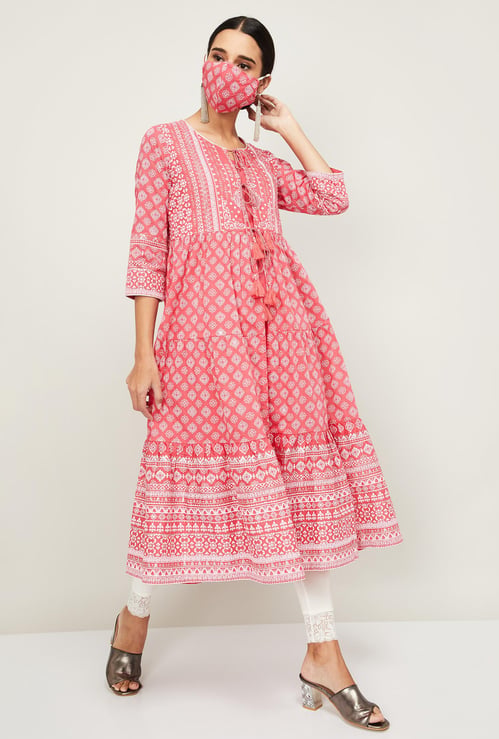 BIBA Women Printed Layered A-Line Kurta with Face Mask