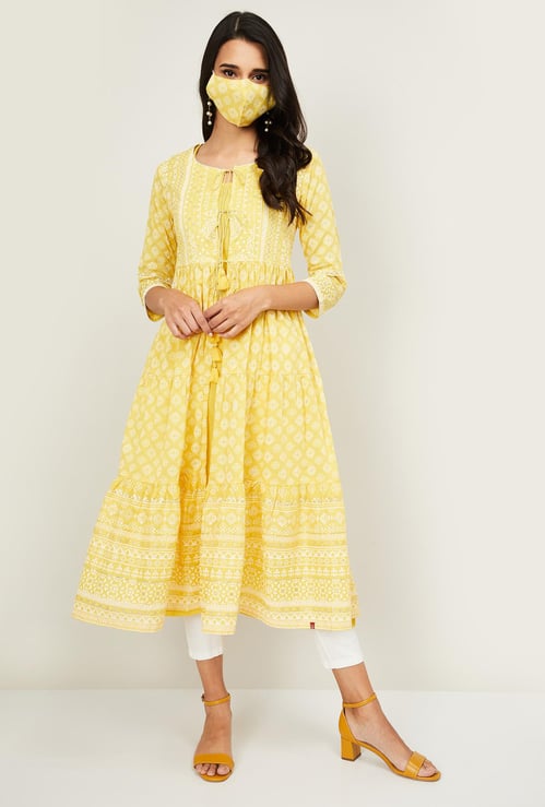BIBA Women Printed Layered A-Line Kurta with Face Mask