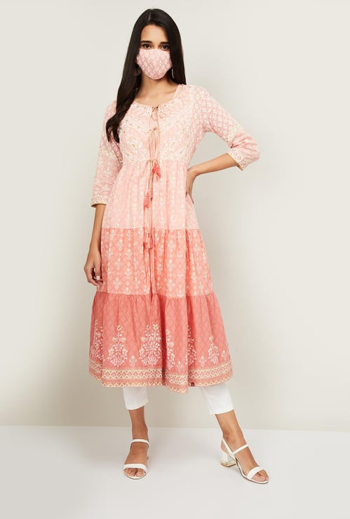 BIBA Women Printed Layered Kurta with Face Mask