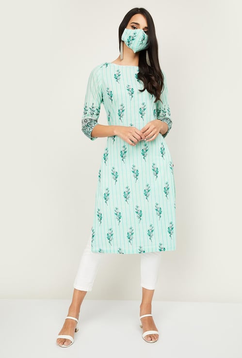 BIBA Women Printed Round Neck Straight Kurta with Face Mask
