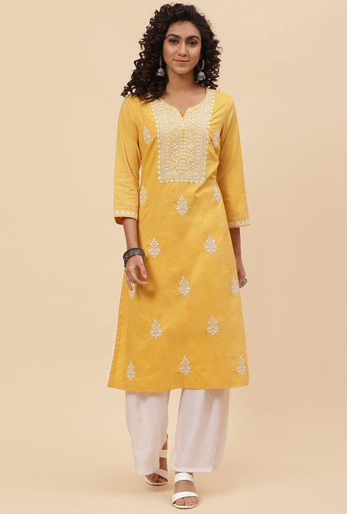 BIBA Women Embroidered Straight Kurta with a Mask