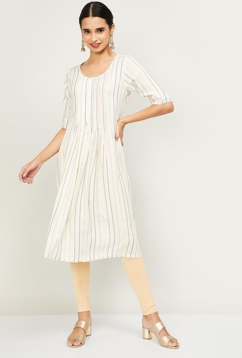 BIBA Women Striped Three-Quarter Sleeves Straight Kurta