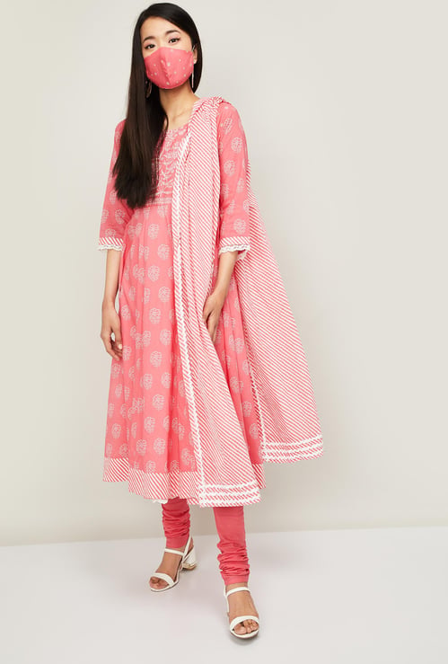 BIBA Women Printed Kurta with Churidar, Dupatta and Face Mask