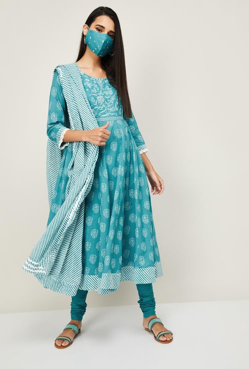 BIBA Women Printed Kurta with Churidar, Dupatta and Face Mask