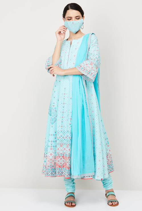 BIBA Women Printed A-Line Kurta with Solid Churidar and Dupatta