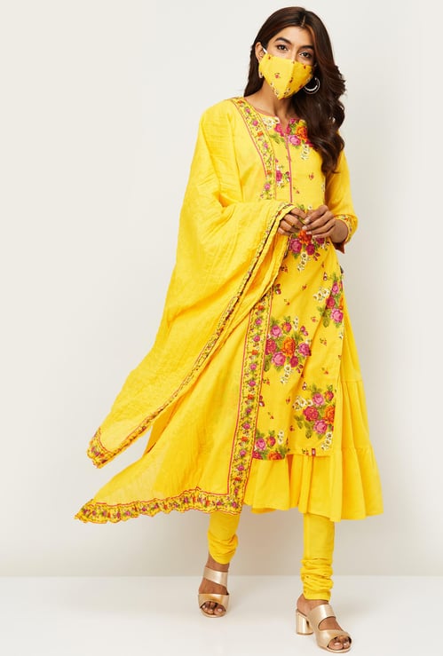 BIBA Women Printed Layered Kurta with Solid Churidar and Dupatta