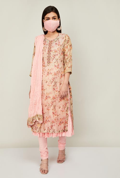 BIBA Women Floral Printed Layered Kurta with Churidar and Dupatta