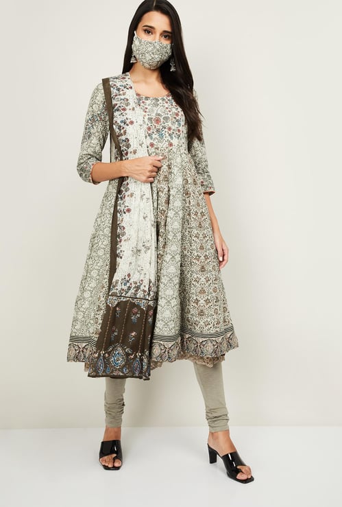 BIBA Women Printed Kurta with Straight Pants, Dupatta and Face Mask