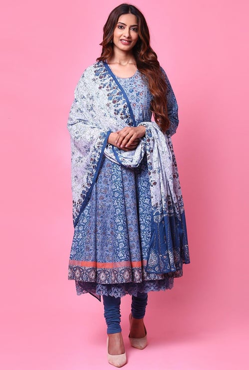 BIBA Women Printed Flared Kurta with Churidar and Dupatta