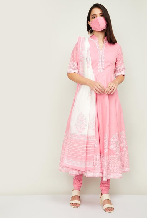 BIBA Women Printed Flared Kurta with Churidar and Dupatta