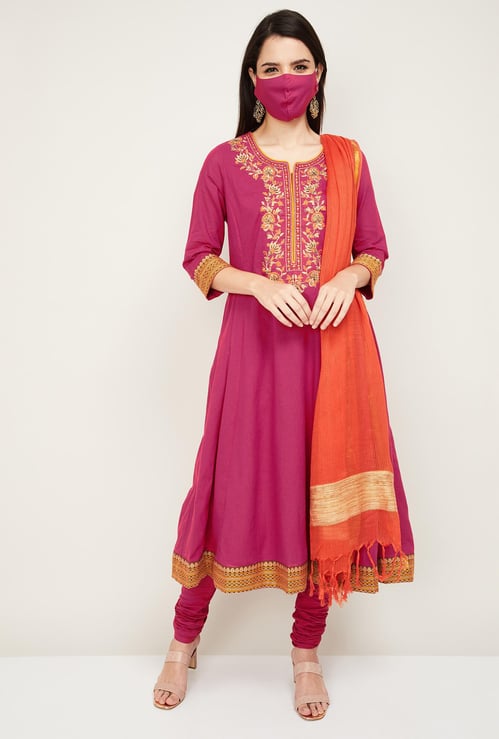 BIBA Women Embroidered Flared Kurta with Churidhar and Dupatta