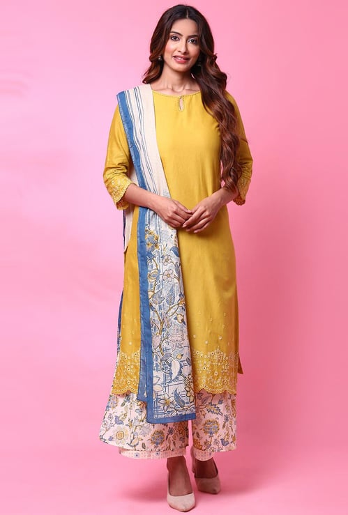 BIBA Women Embroidered Kurta Set with Palazzo And Dupatta