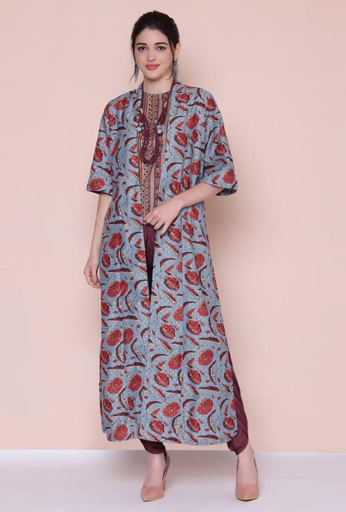 BIBA Women Printed Top with Solid Salwar and Longline Shrug
