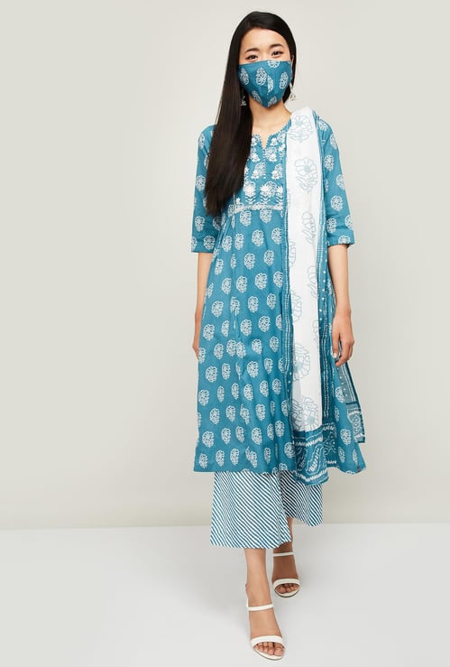 BIBA Women Printed Kurta, Palazzos, Dupatta and Face Mask