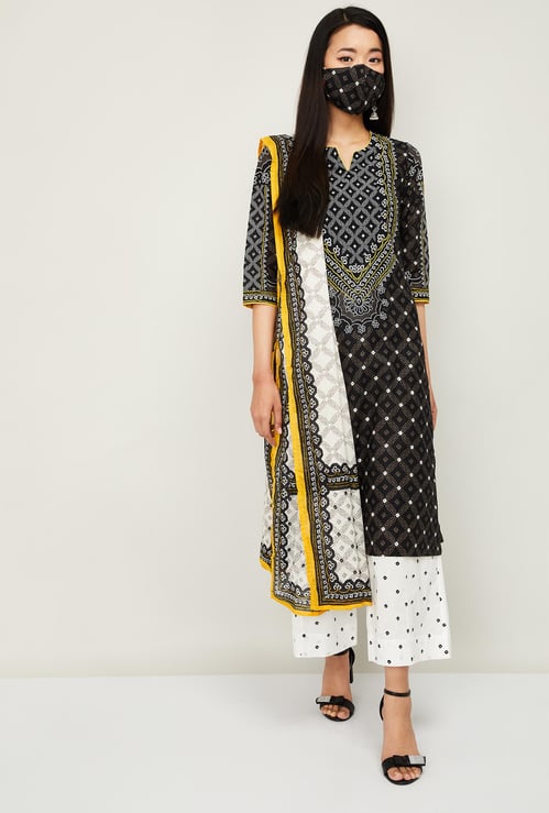 BIBA Women Printed Straight Kurta with Palazzos, Dupatta and Face Mask