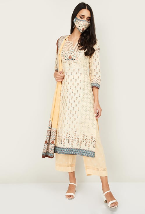 BIBA Women Printed Kurta with Palazzos, Dupatta and Mask
