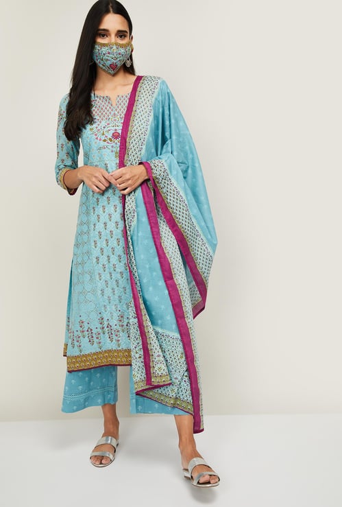 BIBA Women Printed Kurta with Palazzos, Dupatta and Face Mask