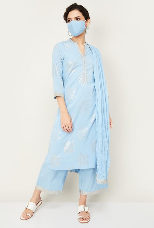 BIBA Women Printed Kurta with Palazzos, Dupatta and Face Mask