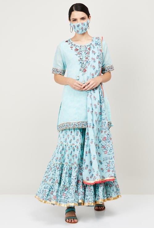BIBA Women Printed Kurti with Elasticated Flared Palazzos, Dupatta and Mask